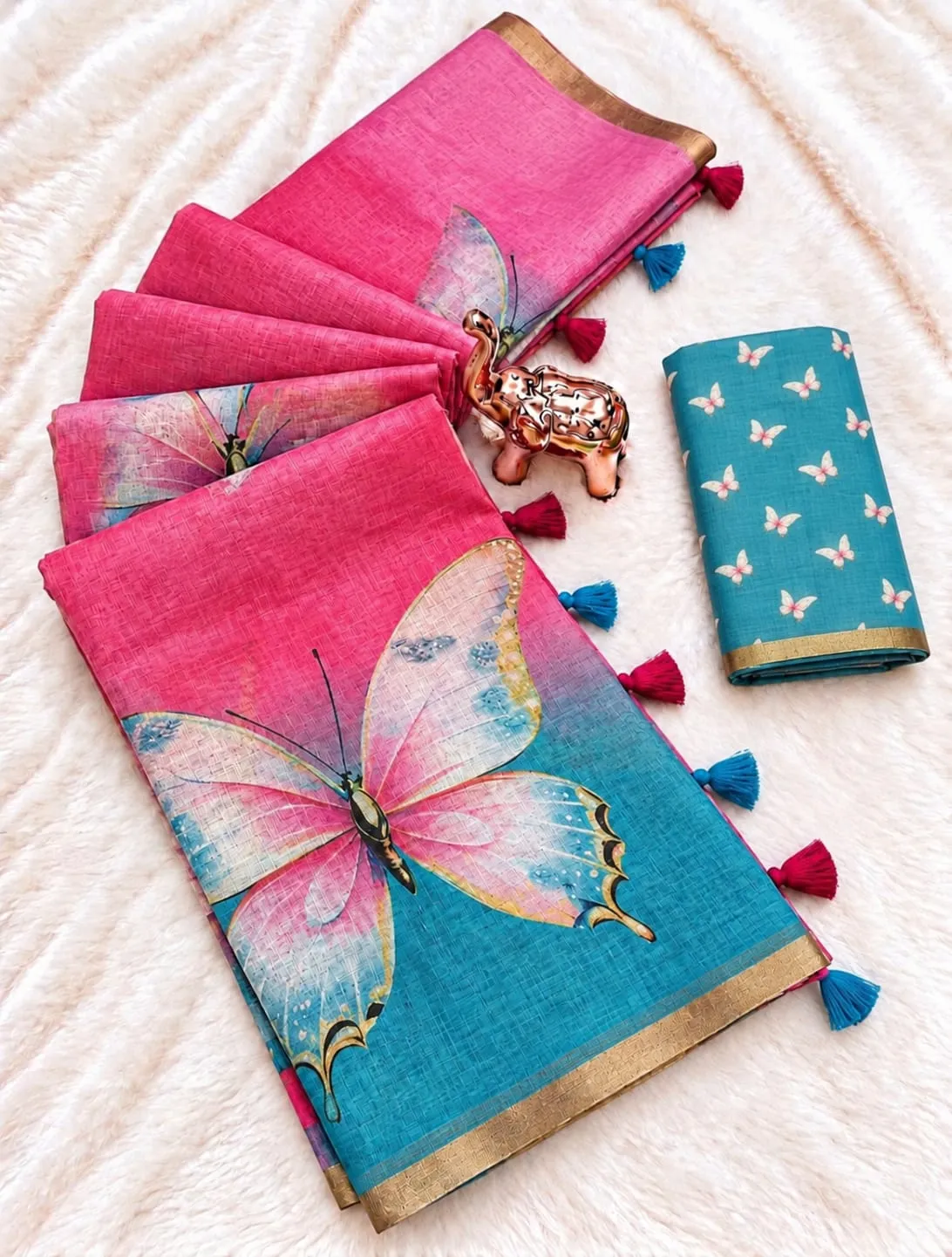 Turquoise Pink Butterfly Floral Linen Cotton Saree